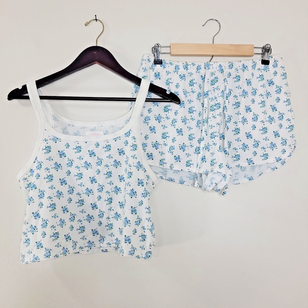 Colsie Womens Medium Pajama Set Floral Crop Cami Tank Shorts Blue White